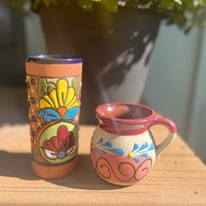 2 pieces of Hand made embossed Mexican pottery (vase & mug)